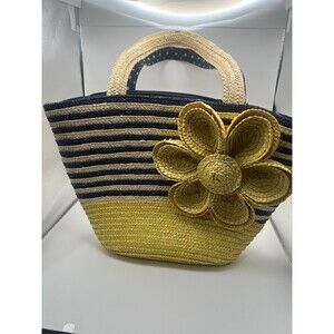 Straw Beach Tote Bag Blue Yellow Striped Design With Lrg Flower Polka Dot Inside